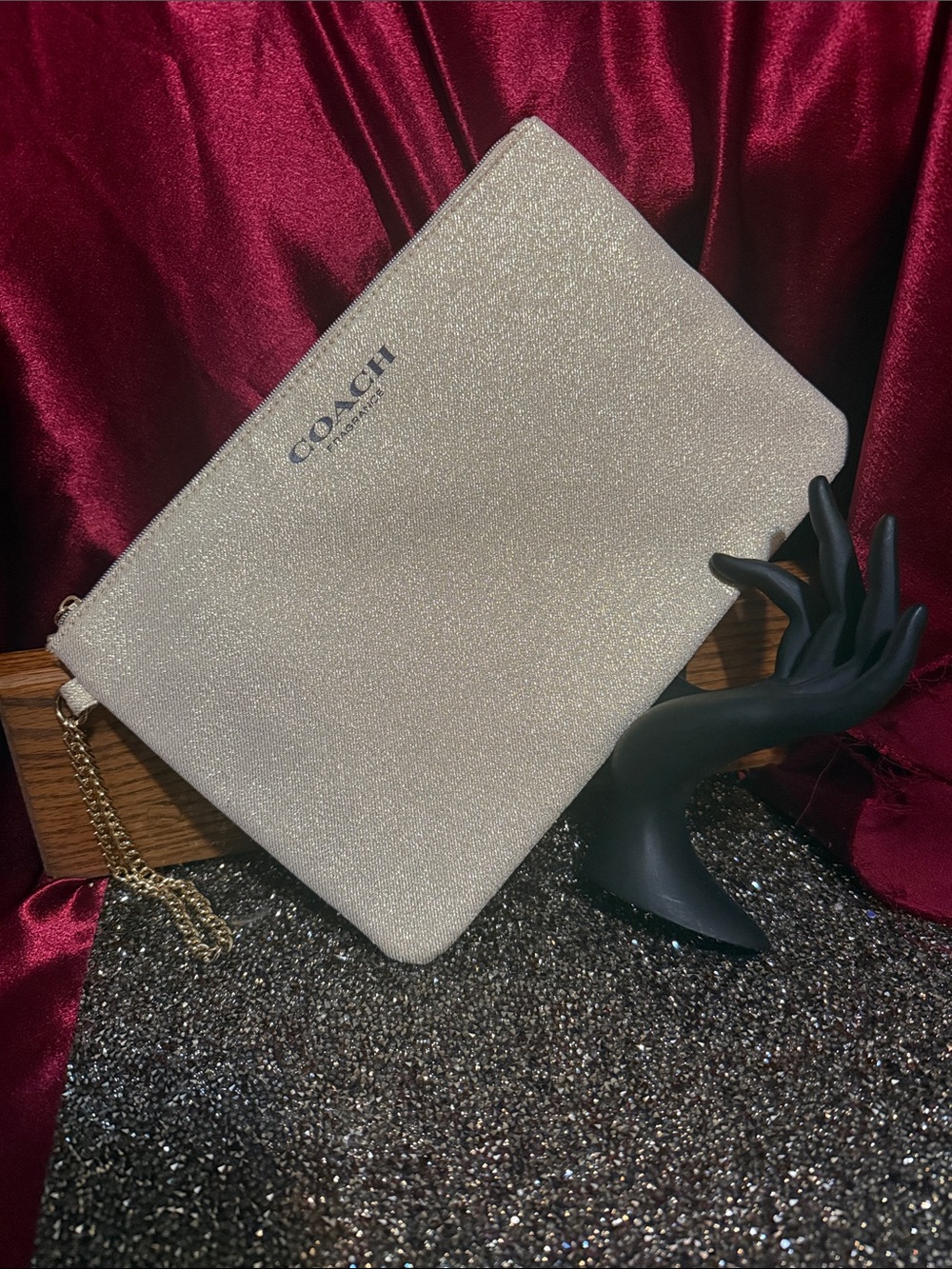 Coach Gold Glitter Wristlet Clutch with Gold Chain Strap and Coach C Charm NWOT